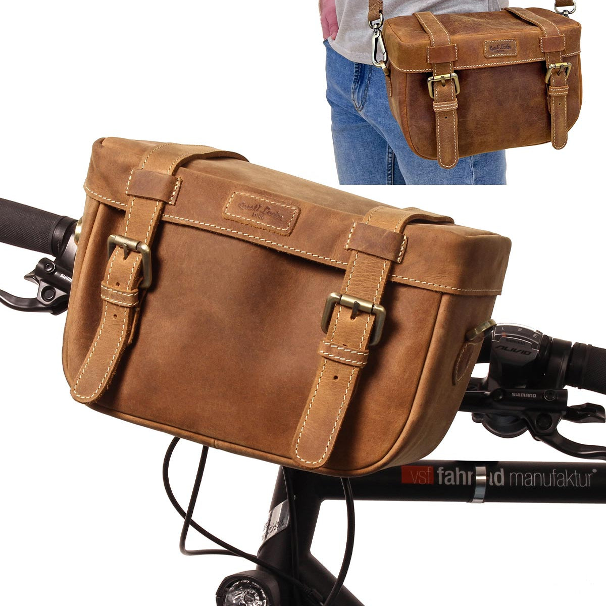 Gusti Leather Bike bags handlebar bag shoulder bag satchel incl. plate Klickfix compatible brown Leather